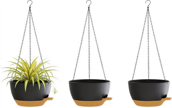 Hanging Planters, 3-Pack 10 Inch Self-Watering Pots with Drainage Holes and Chains, Matte Plastic Planters for Indoor/Outdoor Plant（Black Brown） Rootora