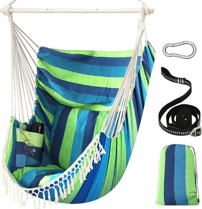 Chihee Hammock Chair Hanging Swing Max 500 Lbs 2 Cushions Included Metal Spreader Bar with Anti-Slip Grooves Portable Hanging Chair Side Pocket Large Macrame Bohemian Chair Indoor Outdoor Chihee