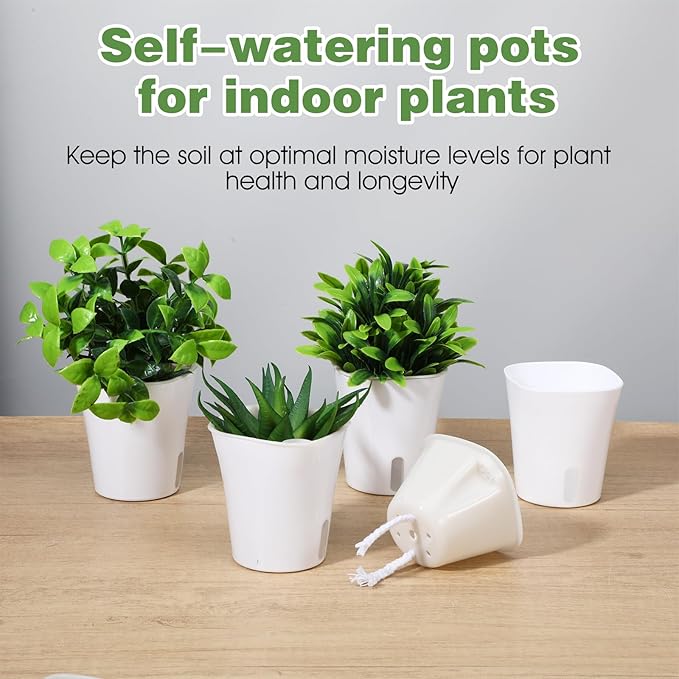 20 Pcs 3 Inch Self Watering Pots for Indoor Plants, White Plastic Self Watering Planters with Wicking Rope Visual Water Level & Vent Holes for Succulents, Flowers Indoor Outdoor Rootora