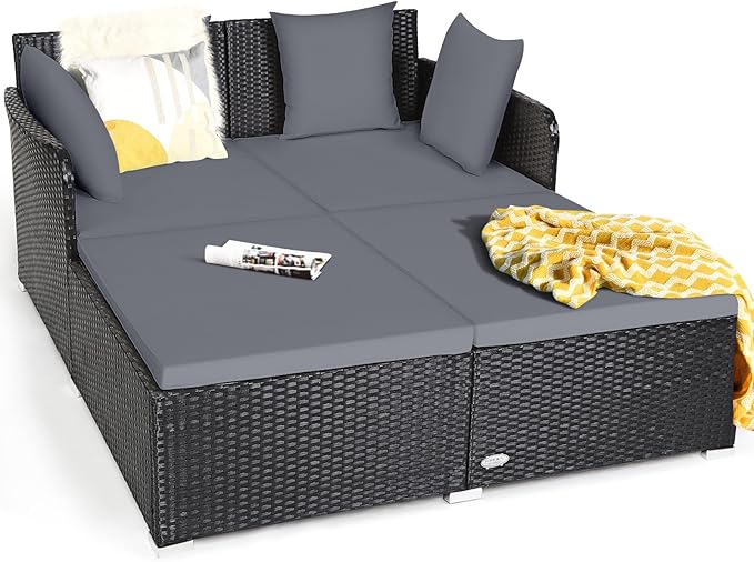 HAPPYGRILL Outdoor Rattan Daybed Patio Loveseat Sofa Set with Padded Cushion Pillows and Sturdy Aluminum Foot Wicker Patio Furniture for Garden Porch Poolside HAPPYGRILL