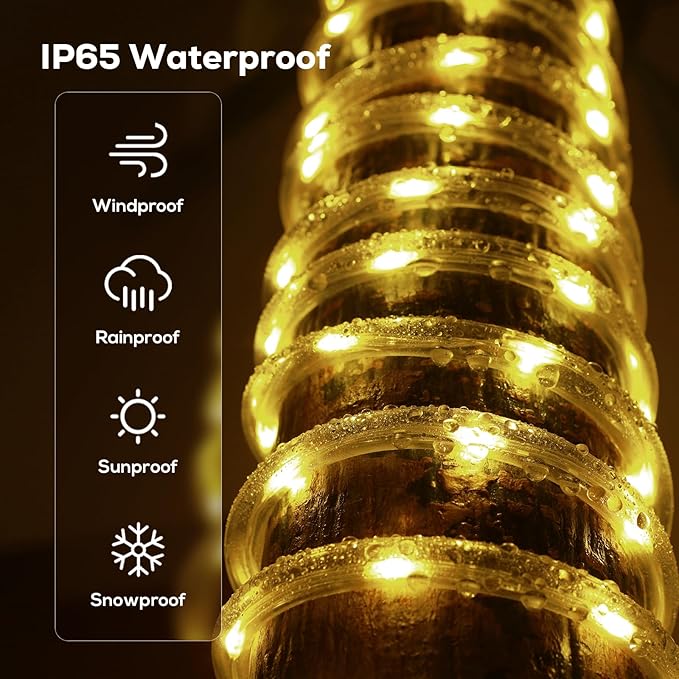 50FT 360 LED Waterproof Rope Lights Outside with Remote, 8 Modes and 4 Brightness Tube Lights for Christmas, Bedroom, Patio, Garden, Indoor Outdoor Decoration (Warm White) Soiarllt