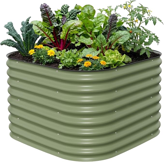 Vego garden 26" Extra Tall Raised Garden Bed Kits, 4 in 1 Modular Raised Planter Box for Vegetables Flowers Fruits Oval Metal Raised Garden-Olive Green VegoGarden