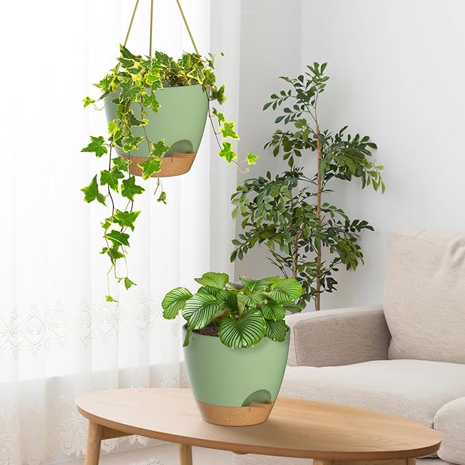 ZMTECH 6.5 Inch Hanging Planters for Indoor Outdoor Plants, 2 Pack Self Watering Hanging Plant Pots with Drainage Holes and Removable Saucer, Plastic Flower Hanging Pots with Watering Lip (Green) HighQualityGardeningTools