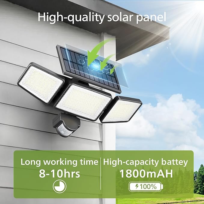 Philips Solar Security Light Outdoor 302 LED 1200lm，Solar-Powered Waterproof Wall-Mounted Flood Light w/PIR Motion Sensor, 3 Heads, IP65 Waterproof, 3 Modes 6 Packs PhilipsLightingLED