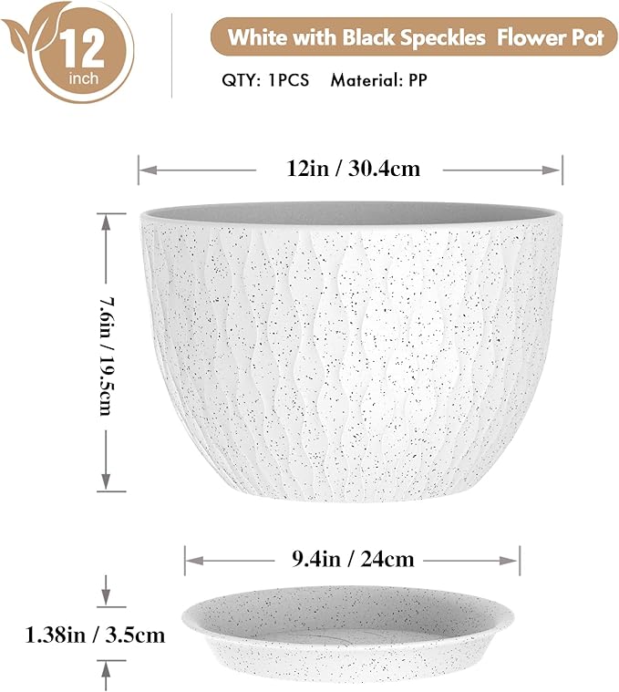 12 Inch Wide Water Ripples Flower Pots for Indoor or Outdoor Plants, Large Plant Pots with Drainage Holes & Saucer, Plastic Planters Set for Garden & Home Decor (White with Black Speckles) WSMKSZ