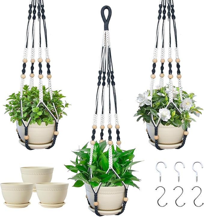Macrame Plant Hanger with Pot, 3 Set Hanging Planters for Indoor Plants, Handmade Cotton Rope Boho Home Decor, Idea Gift for Anyone, Includes Plant Holders, Pots, Plates and Hooks (Mixed color-3) Checrxy