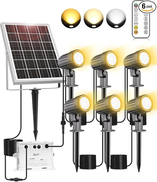CLY 6 in 1 Solar Spotlights Landscape Outdoor Garden, Solar Spotlights IP66 Waterproof Landscape Lighting with Remote 18M Cable for Garden, Lawn, Patio, 2700K/4000K/6500K CLY
