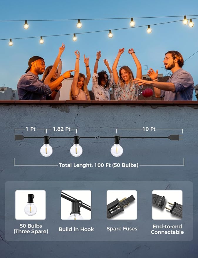 XMCOSY+ Outdoor String Lights, Smart Patio Lights 100Ft Dimmable Outdoor Lights Warm White, 50 G40 LED Bulbs, WiFi String Lights for Outside, Work with Alexa, APP Control, Waterproof Extendable XMcosy