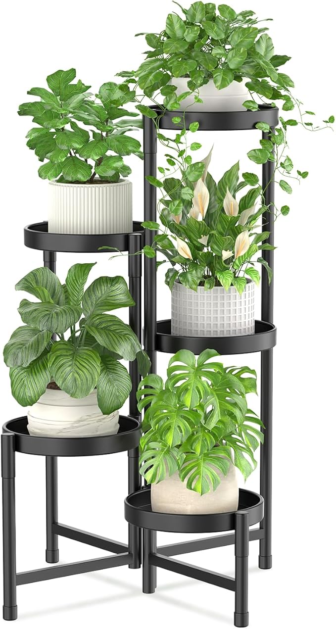 iDavosic.ly Plant Stand Indoor Outdoor, 5 Tier Corner Metal Flower Display Holder Shelf, Easy Assembly Folding Tall Orchid Rack for Patio Balcony Porch Garden Living Room House, Black iDavosicly