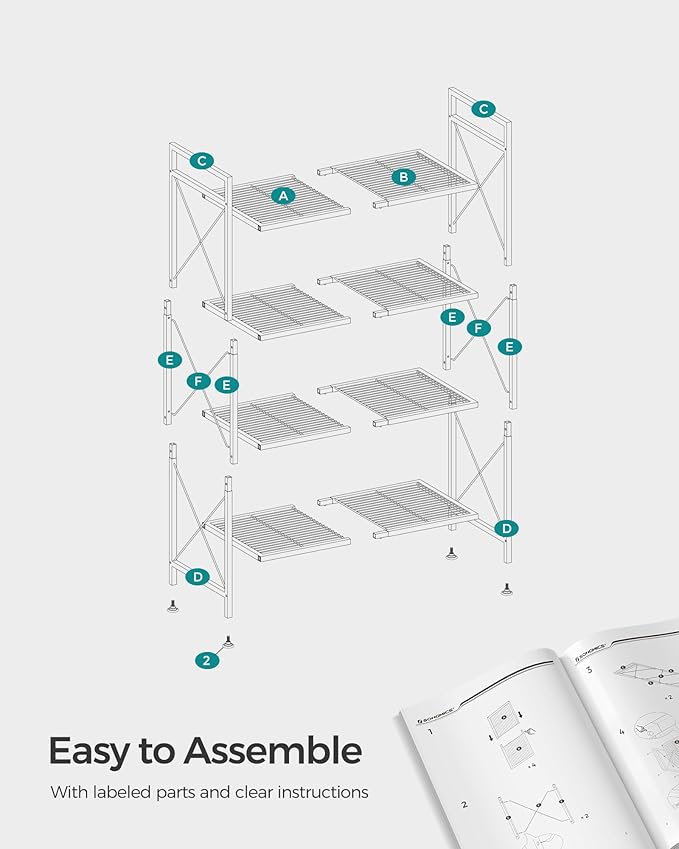 SONGMICS 4-Tier Metal Storage Rack, Shelving Unit with X Side Frames, Dense Mesh, 12.6 x 31.5 x 44.3 Inches, for Entryway, Kitchen, Living Room, Bathroom, Industrial Style, Ink Black UBSC184B01 SONGMICSbySONGMICSHOME