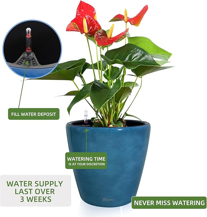 Dexceder 15x14 Self Watering Planter with Wheels Indoor Outdoor, Inner Pot Design, Thickened Large Floor Standing Flower Plant Pot with Water Level Indicator (Peacock Blue Gradient) Dexceder