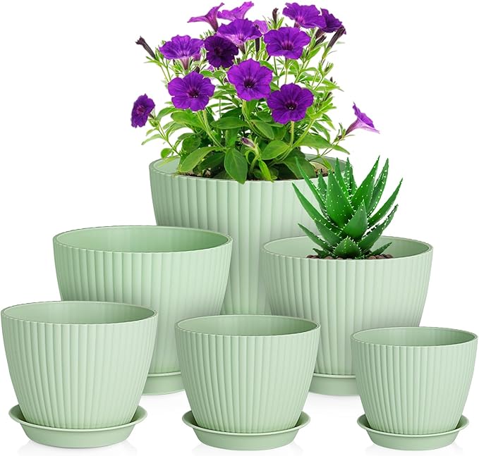 7/6.2/5.5/5/4.5/4 inch Plant Pots, 6 Pack Flower Pots for Small Indoor Outdoor Plants, Plastic Planters with Drainage Holes and Saucers for Garden Succulent House Plants, Green Meowell