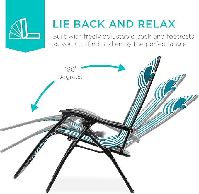 Best Choice Products Set of 2 Adjustable Steel Mesh Zero Gravity Lounge Chair Recliners w/Pillows and Cup Holder Trays - Peacock Striped BestChoiceProducts