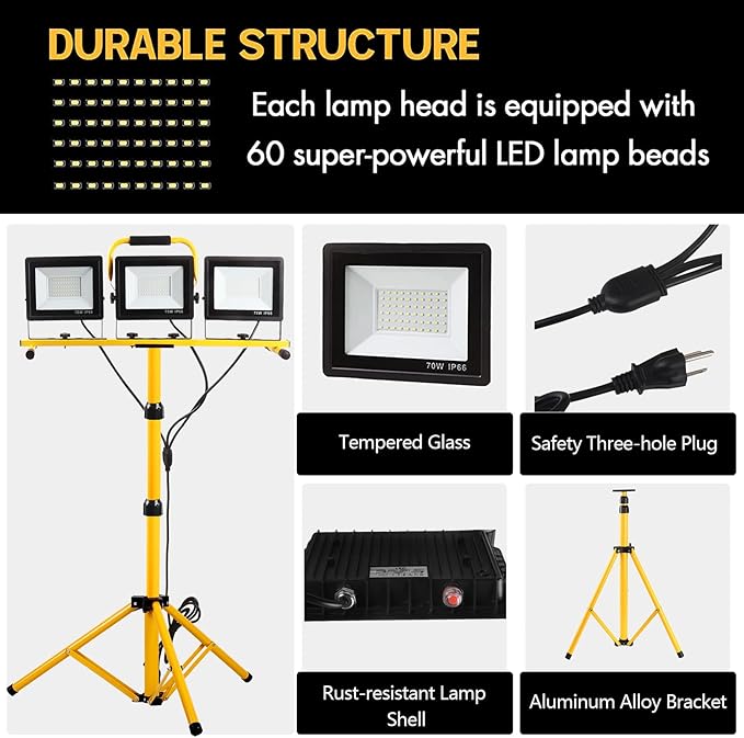 22000 Lumen Work Lights with Stand, 3 Head Portable LED Work Light, with Adjustable&Foldable Tripod Stand, IP66 Waterproof Lamp for Outdoor Indoor Job Site Workshop Garage Construction Site Lighting GUWELL