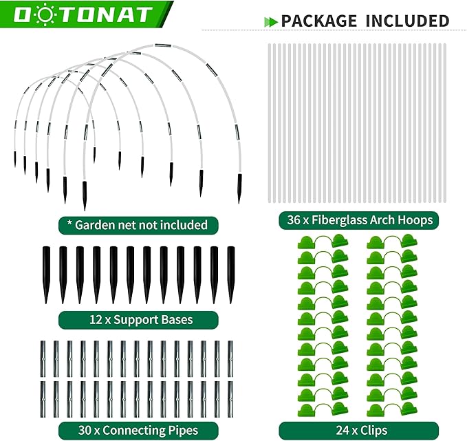 8FT Garden Hoops Grow Tunnel Kit - Rust-Free Fiberglass Frame for Raised Beds, 36pcs - DIY Plant Support for Garden Netting, Row Covers, and Greenhouse Protection OOTONAT