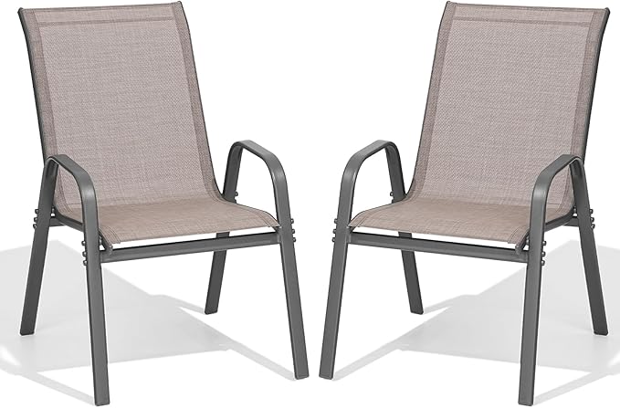 Patio Chairs Set of 2, Easily Set Up Stackable Outdoor Dining Chairs with High Back and Wide Seat, All Weather Breathable Outdoor Chairs Set of 2 with Metal Frame for Backyard Deck Pool, Brown Dovov