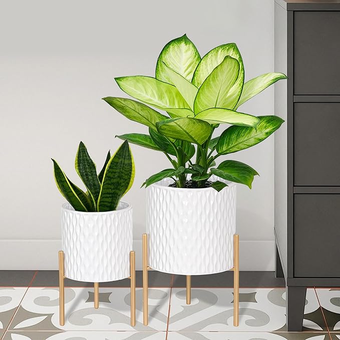 ARNIS Plants Pots with Stand, Set of 2 P lanters, Unique Mid Century Decorative Metal Flower Pots with Drainage, 8.25 & 10.5 Inch, White and Gold ARNIS