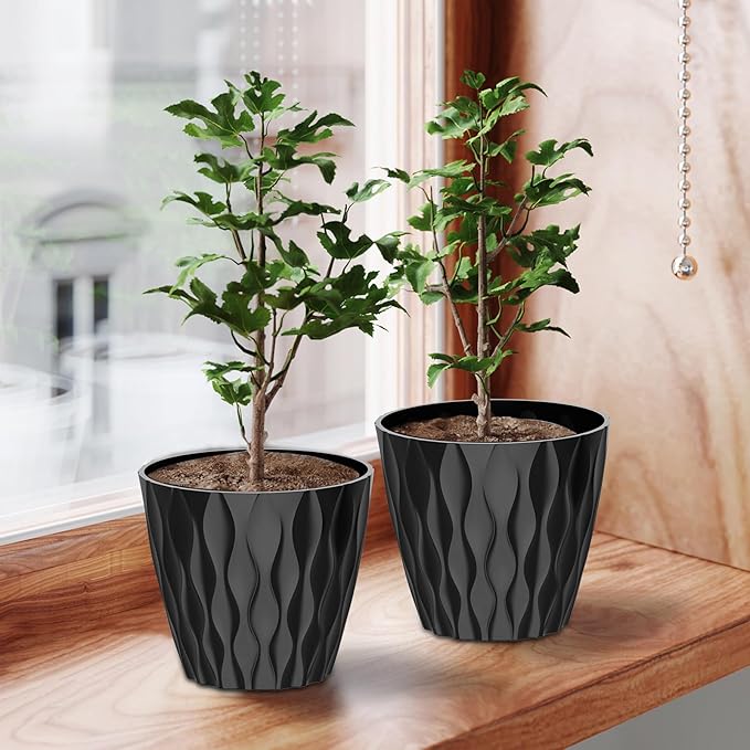 6 Pack 7 Inch Indoor Plant Pots with Drainage Holes, Outdoor Plastic Decorative Flower Pots, Garden Planters with Tray Saucers for Orchids, Violets, Succulents, Herbs, and Other Plants Rootora