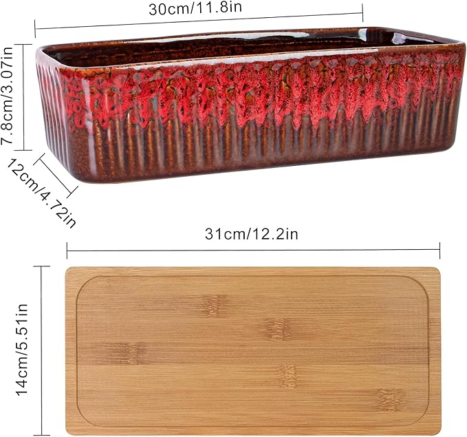 Succulent Pots - 12 Inch Large Succulent Planters with Drainage Tray, Window Sill Planter, Long Rectangle Ceramic Pots for Indoor Cactus Plants Shallow Bonsai Window Box for Home Garden Decor ARTKETTY