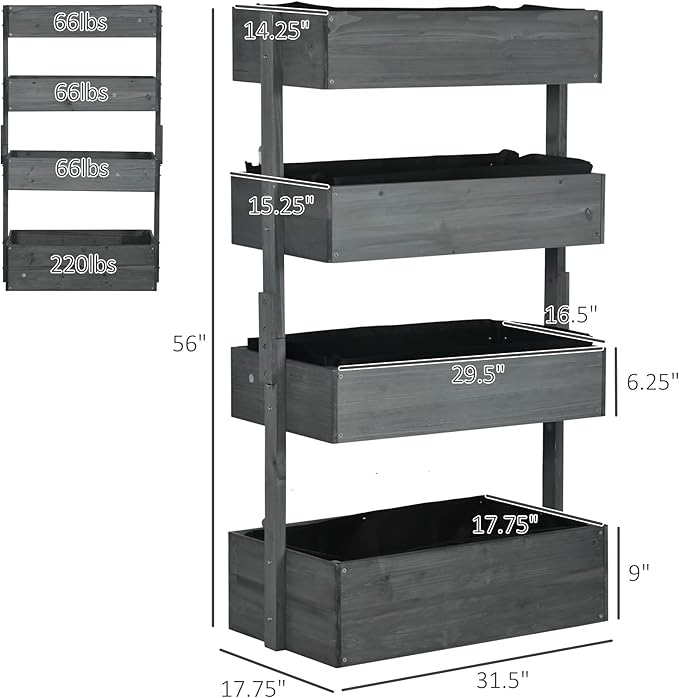 Outsunny Vertical 4 Tier Raised Garden Bed, Wooden Planter Box, Self-Draining with Bed Liner for Indoor Outdoor Flowers, Vegetables and Herbs, Gray Outsunny
