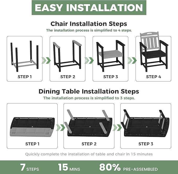 HDPE Outdoor Dining Set, Patio Table and Chairs Set, All-Weather 7-Piece Outside Table and 6 Chairs, 2" Umbrella Hole, Outdoor Furniture for Garden, Poolside, Backyard, Deck | Black Suunyn