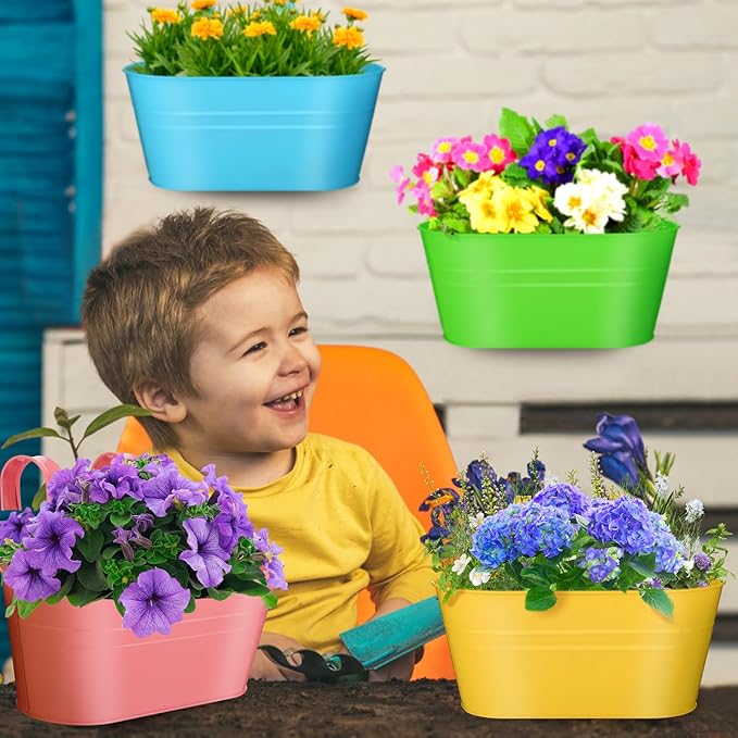 MADHOLLY Railing Planter with Drainage Holes - Sturdy Bucket Pots for Railing Fence, Countryside Style Metal Flower Pots for Herbs Balcony Garden Yard Decor, 4Pcs, Colorful MADHOLLY