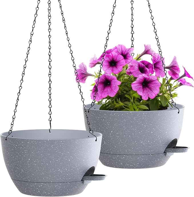 WOUSIWER Self Watering Hanging Planters, 2 Pack 12'' Plastic Pots with Drainage Holes & Reservoir Tray (Speckled Grey) | Indoor & Outdoor Use for Ferns, Ivy, Herbs, Succulents WOUSIWER