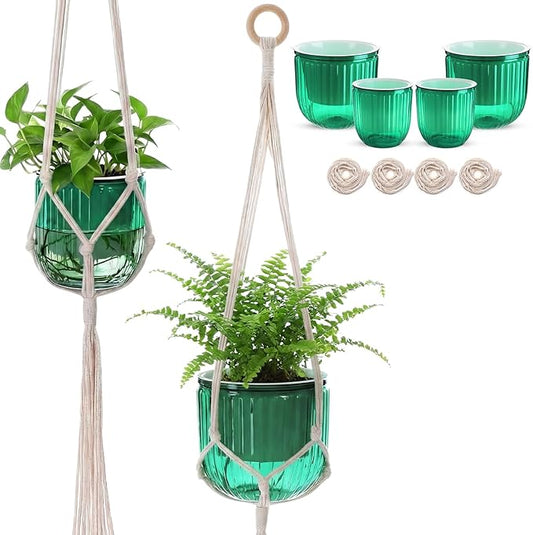 6 Pack Self Watering Hanging Planters Indoor Flower Pots(4.5"+6.5") Visible Water Level Markers 3 Hanging Ropes with Drainage Holes for Indoor Outdoor Garden Home Decor Supplies(Emerald) Yiyiring