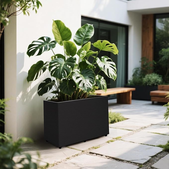 Planter Box Rectangular Block - 24×16×12IN Galvanized Steel Metal Long Box Planter Easy Installation Modern Outdoor Tall Planters All-Weather Use with Drainage Holes for Patio/Porch(Black) Zezgeuro