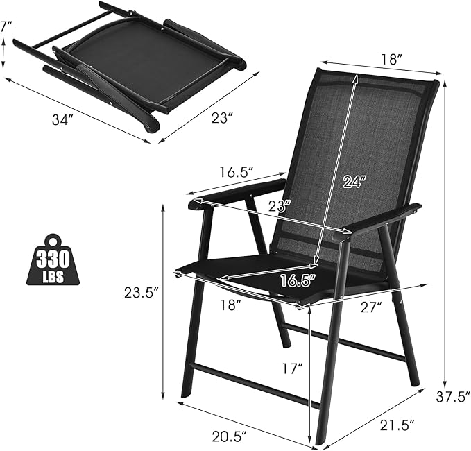 Giantex Set of 4 Patio Folding Chairs, Outdoor Chairs with Armrest, Portable Dining Chairs for Porch Camping Pool Beach Deck Lawn Garden, 4-Pack Patio Chairs, Metal Frame, Black Giantex