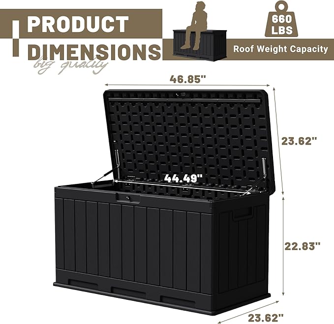 JUMMICO 90 Gallon Waterproof Resin Deck Box, Double Wall Outdoor Storage Box with Lockable Lid for Garden Tools, Patio Cushions, Pools (Black) JUMMICO