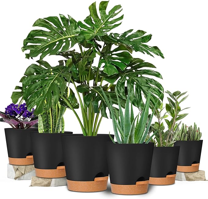 GARDIFE Plant Pots 8/7/6.5/6/5.5/5 Inch Self Watering Planters with Drainage Hole, Plastic Flower Pots, Nursery Planting Pot for All House Plants, African Violet, Flowers, and Cactus,Black GARDIFE