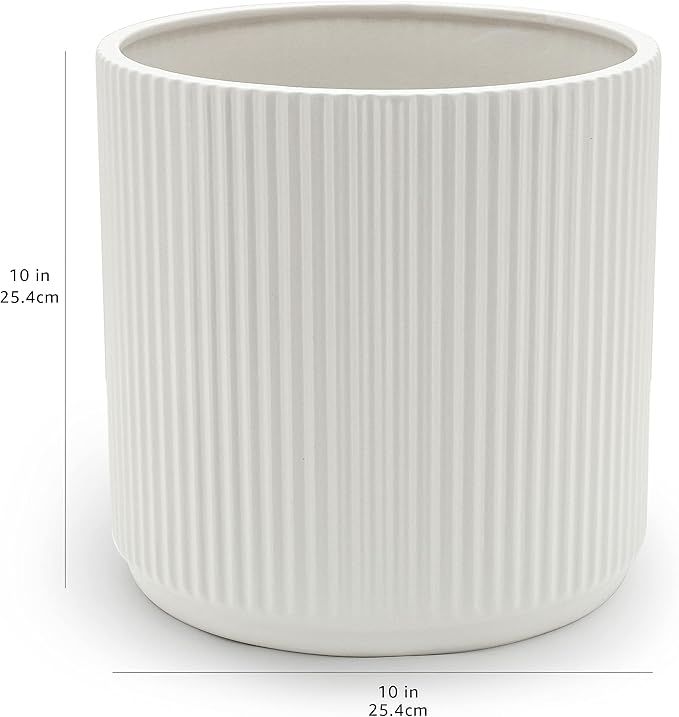 Amazon Basics Fluted Ceramic Round Planter with Drainage Hole, Indoor Outdoor Flower Pot, 10-inch, White AmazonBasics