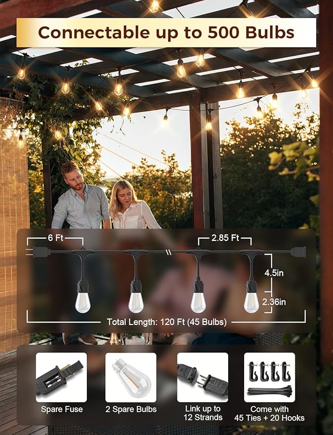 XMCOSY+ 120FT Outdoor String Lights Waterproof - LED Patio Hanging Lights for Outside Porch Backyard Gazebo Garden, Commercial Grade 42 Edison Bulbs XMcosy