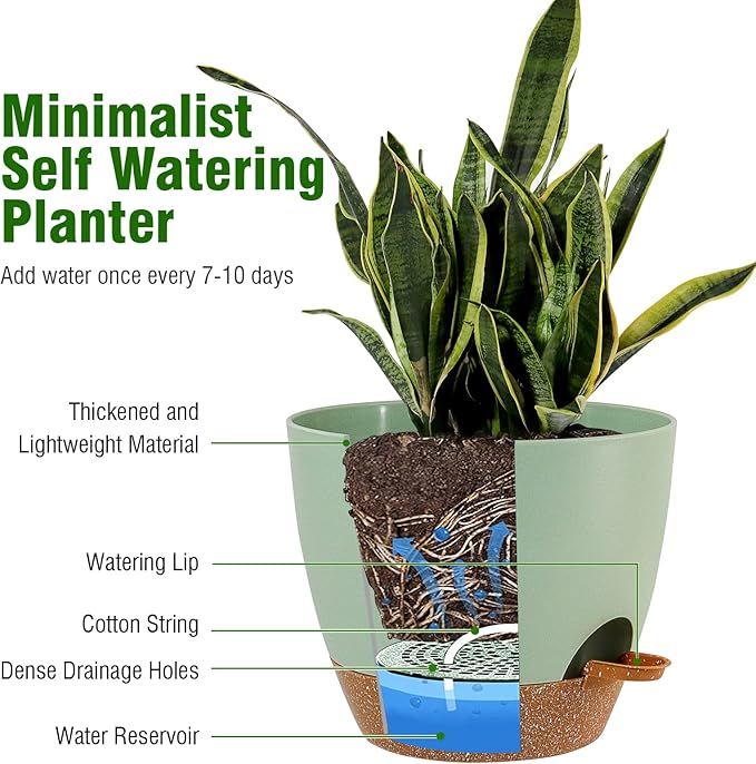 Large Self Watering Pots, 12/10/9 Plastic Planters with High Drainage Holes and Deep Reservoir for Indoor Outdoor Garden Plants and Flowers, Green with Brown UOUZ