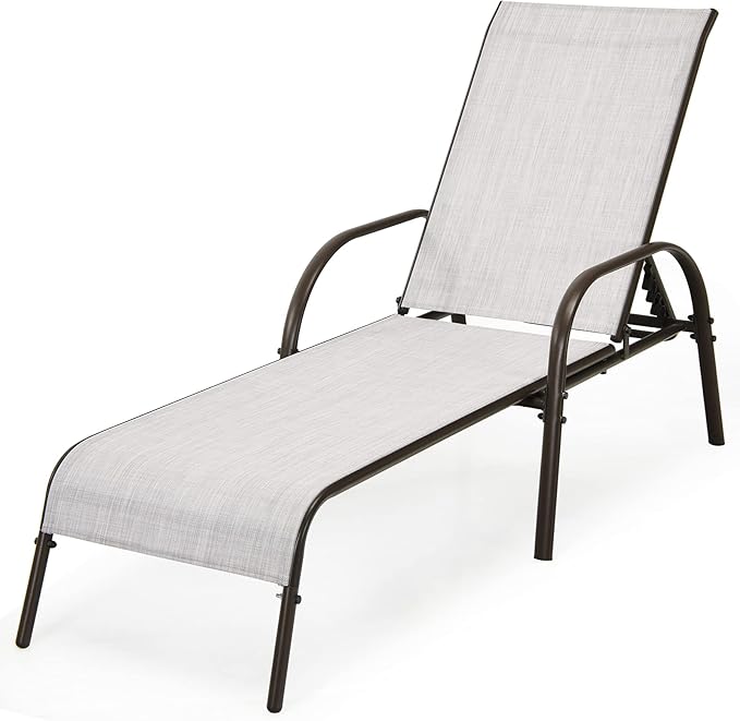 Giantex Patio Lounge Chair, Outdoor Chaise Lounge with 5 Adjustable Backrest, Sturdy Steel Frame, Sunbathing Recliner, Beach Chair, Tanning Chair for Outside, Yard, Balcony, Pool Chairs, Grey Giantex