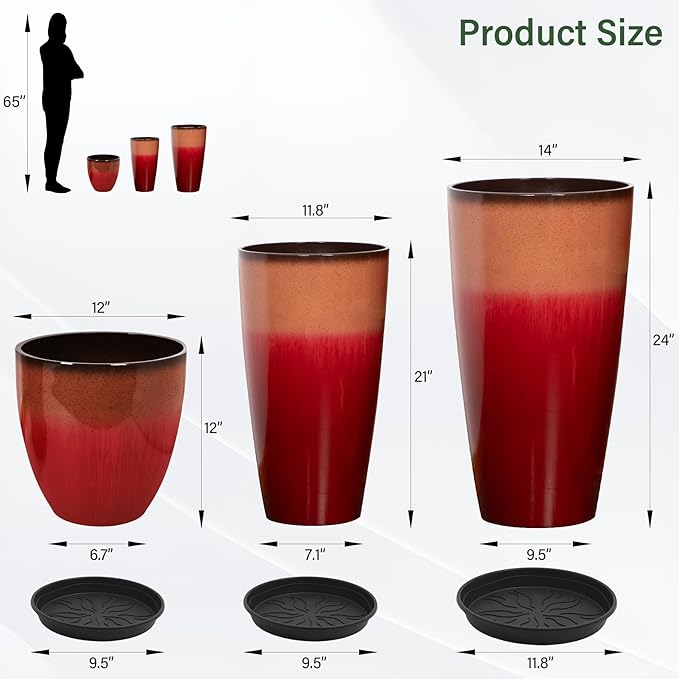 24/21/12 Inch Large Plastic Planter, Lightweight Ceramic-Look Tall Planters with Drain Hole & Saucers, Tall Plastic Planters for Porch, Garden, Patio, Balcony(Fiery Red) Neoaider