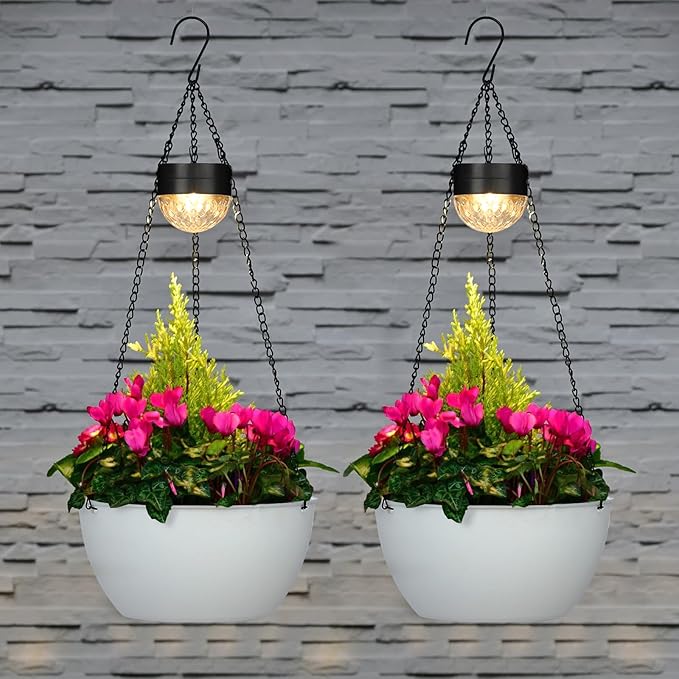 BAYN 2 Packs Solar Hanging Basket Planters for Plants Outdoor, Self Watering White Flower Plants Pots with Solar Light Drainer for Balcony Patio Garden Outdoor Decoration BAYN