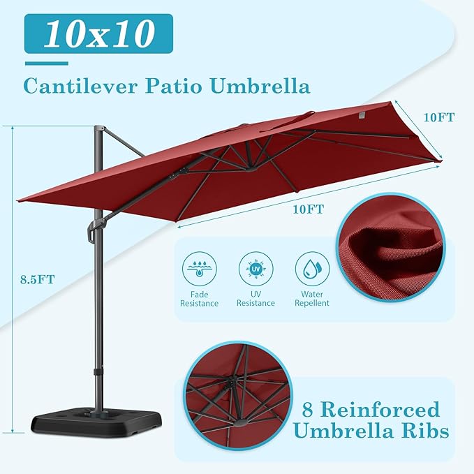HOTEEL10x10ft Patio Umbrella Cantilever Umbrellas - Upgrade and Intensify - 360 Rotation and 5 Angles Adjustment - Aluminum Offset Pool Umbrella Outdoor Umbrellas for Patio Garden Pool HOTEEL
