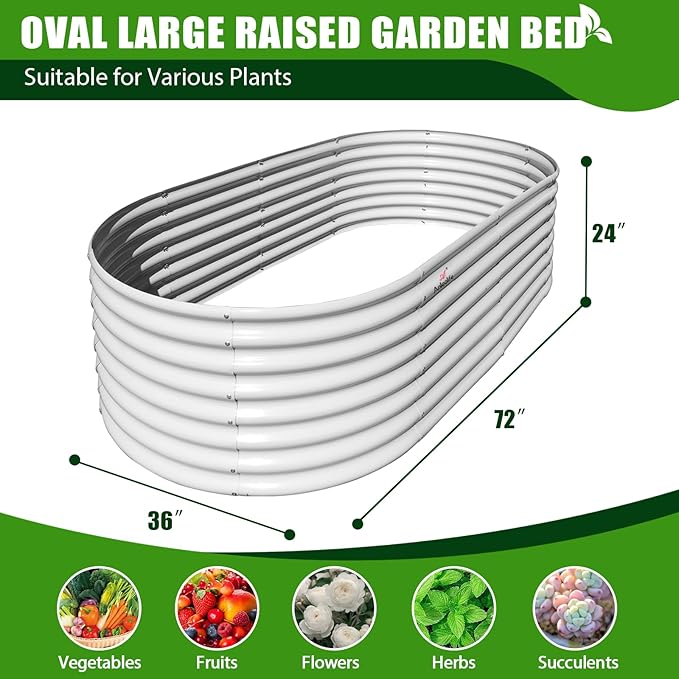 A ANLEOLIFE 6X3X2 ft Galvanized Raised Garden Beds Outdoor, Oval Large Metal Deep Root Planter Box for Planting Vegetables Flowers Herb, Anti-Rust & Easy-Setup, Antique White AAnleolife