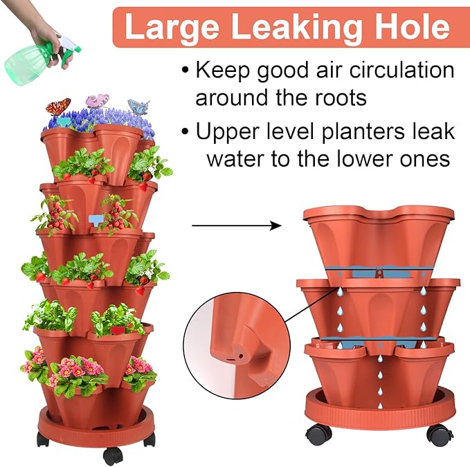 GameXcel Vertical Planter, 6 Tier Stackable Strawberry Planter with Garden Tool Set, Movable Indoor/Outdoor Garden Herb Pot for Growing Vegetables and Succulents, Red GameXcel