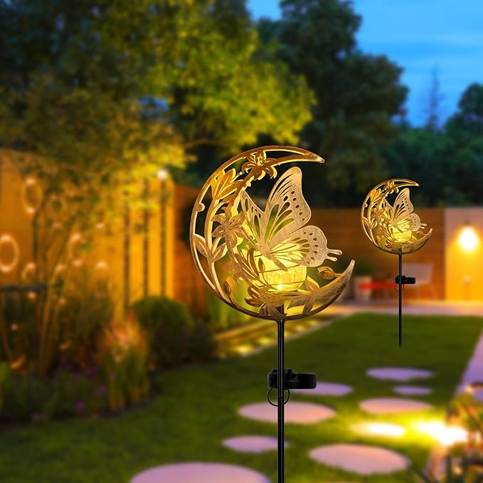 ShangTianFeng Butterfly Lights Outdoor Decor - Moon & Bird SolaGardenLights Waterproof, Auto On/Off Pathway Lighting for Yard/Lawn/Patio, Handcrafted Metal Solar-Stake-Lights for Outside Decorations ShangTianFeng