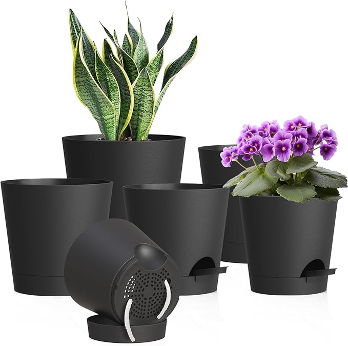 7/6.5/6/5.5/5/4 inch Self Watering Pots for Indoor Outdoor Plants, 6 Pack Plastic Flower Planters with Drainage Holes and Removable Saucers, Plant Pots with Wicking Rope, Modern Decor, Black WSMKSZ