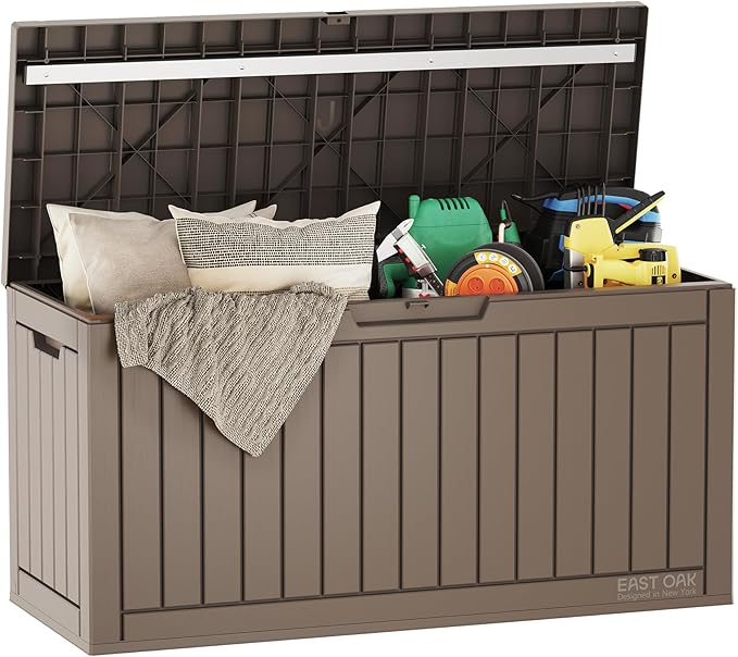 EAST OAK Outdoor Storage Box, 60 Gallon Deck Box Indoor and Outdoor Use, Waterproof Resin Storage Bin for Patio Cushions, Gardening Tools, Lockable, UV Resistant, Brown EASTOAK