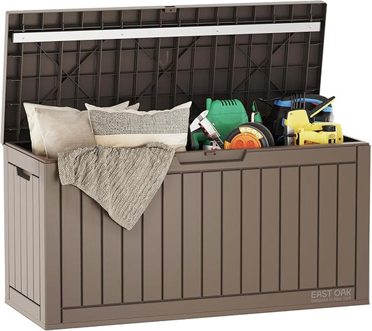 EAST OAK Outdoor Storage Box, 60 Gallon Deck Box Indoor and Outdoor Use, Waterproof Resin Storage Bin for Patio Cushions, Gardening Tools, Lockable, UV Resistant, Brown EASTOAK