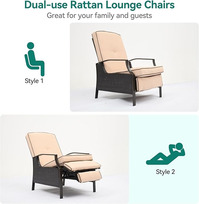 YITAHOME Outdoor Recliner Chair, 2-Piece Patio Adjustable Wicker Reclining Lounge Chairs, Dual-use Rattan Furniture Set with Soft Thick Cushions, Extended Footrest, Flip Back, Brown & Beige YITAHOME