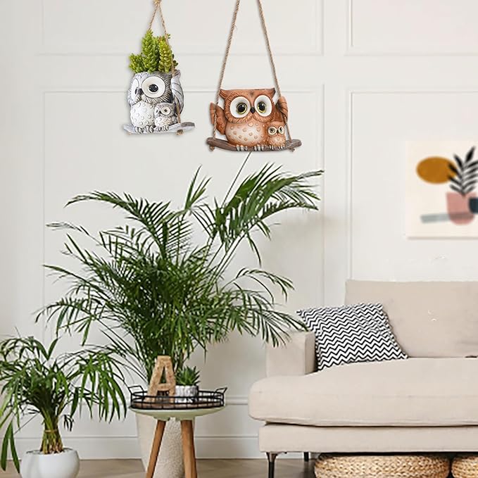 Swing Owl Hanging Planters for Indoor Plants, Cute Small Succulent Pots with Drainage Hole, Unique Resin Plant Hangers Outdoor, Hanging Plant Holder for String Of Pearls, Gift Ideas for Mother Saysmile