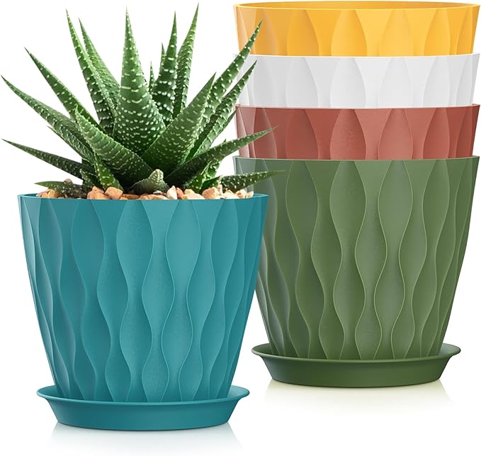 7 Inch Plant Pots 5 Pack, Flower Planters with Drainage Holes and Trays,Plastic Pots for Indoor Outdoor Plants,Multicolor SQKH
