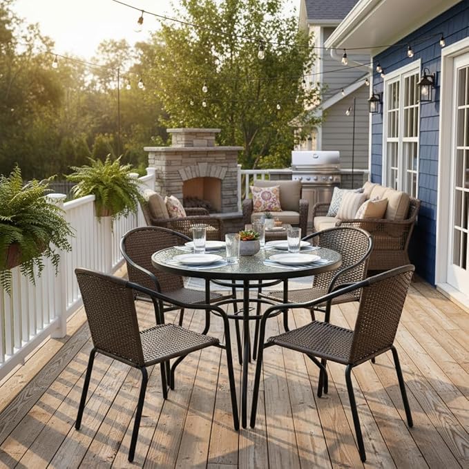 Tangkula 32" Round Outdoor Table with Tempered Glass Top, Patio Dining Table with Umbrella Hole & Metal Frame, Outside Bistro Table for Backyard, Lawn, Deck & Poolside TANGKULA