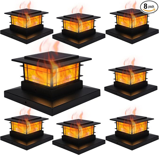 Dynaming 8 Pack Solar Post Cap Lights Outdoor with Flickering Flame Light, Fence Post Solar Lights Fit for 4x4 5x5 6x6 Vinyl/Wooden Posts, High Brightness SMD LED Lighting Decor for Garden Deck Patio Dynaming
